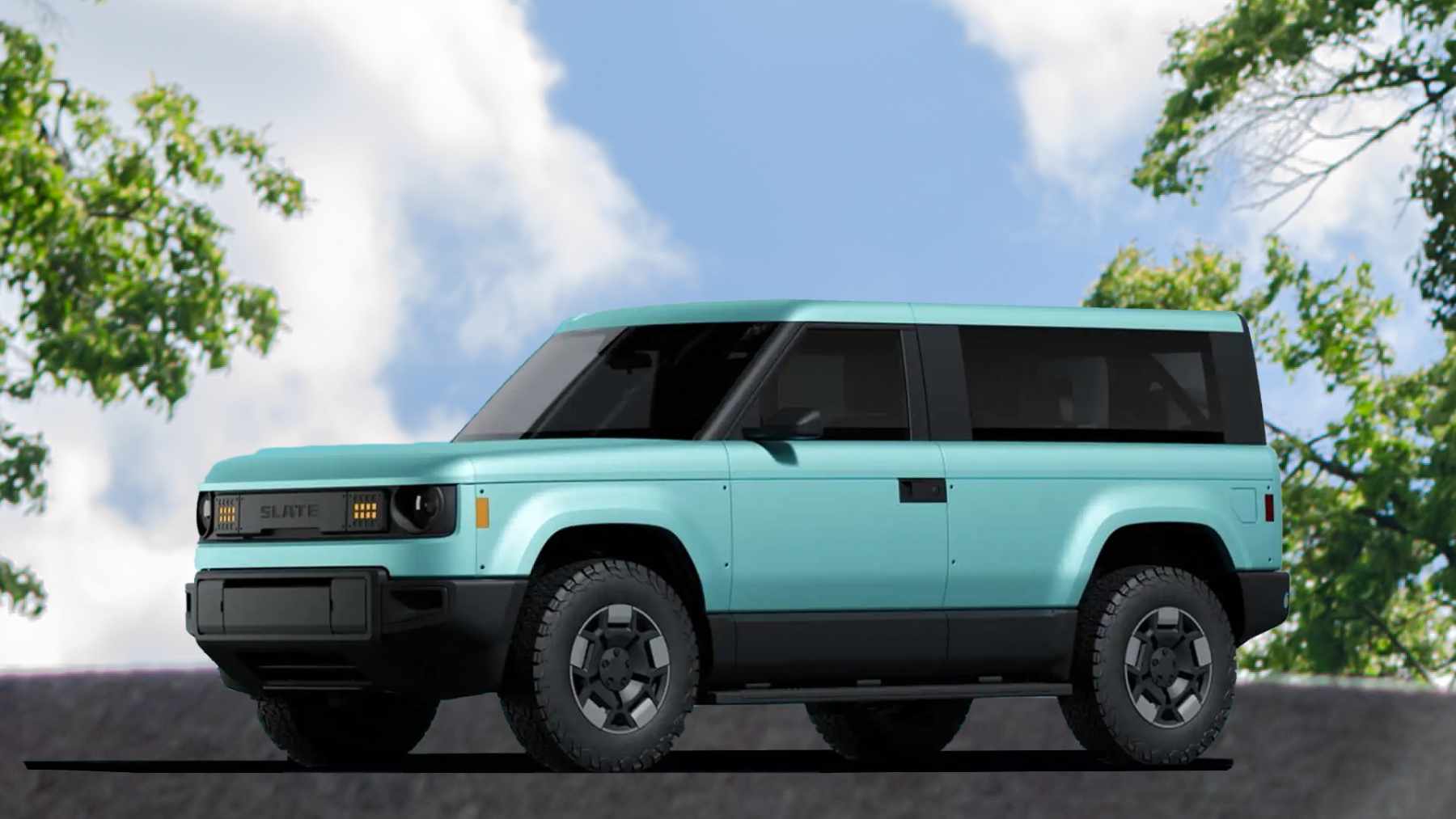 A light blue electric SUV parked outdoors on a paved surface, with trees and a partly cloudy sky in the background.