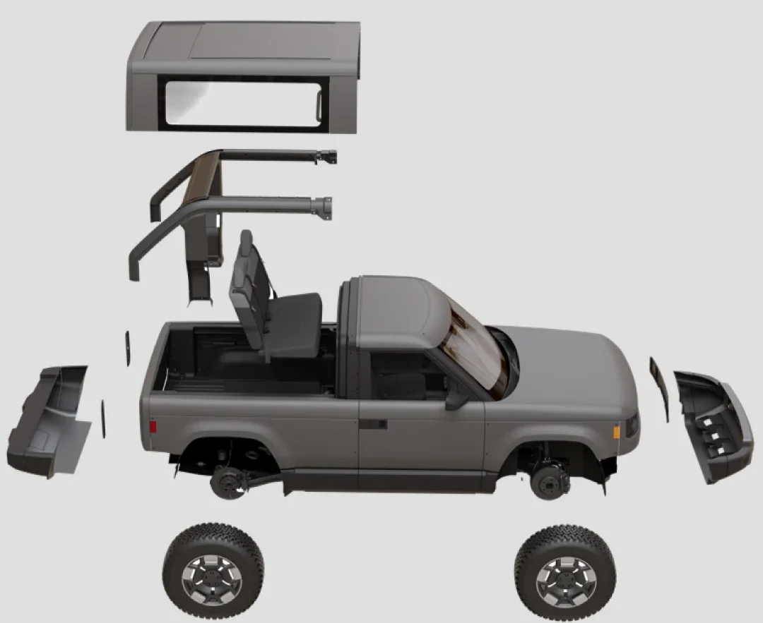 Exploded view of a gray pickup truck showing separated parts including the roof, doors, seats, bumpers, rear section, and wheels against a plain background.