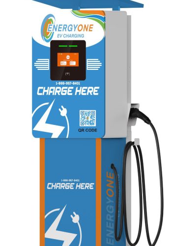 Electric vehicle charging station with blue and orange design, featuring a screen, controls, and two charging cables.
