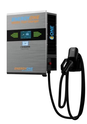 Electric vehicle charging station with a 30kw fast charger and connected cable.
