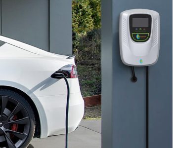 Electric car plugged into a Level 2 charging station at home.