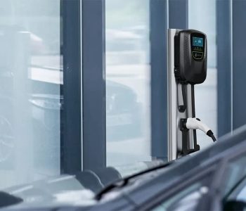 Electric vehicle charging stations in use.